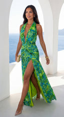 Capri Halter Tropical Print Maxi Dress - Lime Green