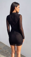Liz Mock Neck Drape Mesh Mini Dress - Black