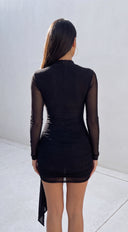 Liz Mock Neck Drape Mesh Mini Dress - Black