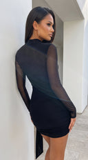 Liz Mock Neck Drape Mesh Mini Dress - Black