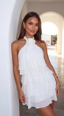 Tavira Rosette Ruffle Halter Mini Dress - White