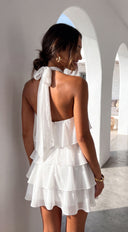 Tavira Rosette Ruffle Halter Mini Dress - White