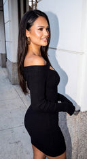 Auvessa Cutout Off Shoulder Ribbed Mini Dress - Black