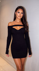 Auvessa Cutout Off Shoulder Ribbed Mini Dress - Black