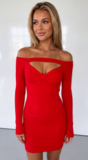 Auvessa Cutout Off Shoulder Ribbed Mini Dress - Red