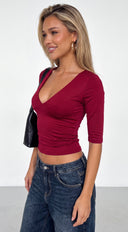 Esvira V Neck 3/4 Sleeve Top - Burgundy
