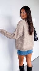 Ovelia Marled Ribbed Trim Knit Cardigan - Latte Beige