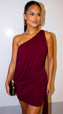 Ophira One Shoulder Draped Mesh Dress - Burgundy