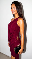 Ophira One Shoulder Draped Mesh Dress - Burgundy