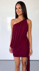 Ophira One Shoulder Draped Mesh Dress - Burgundy