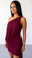 Ophira One Shoulder Draped Mesh Dress - Burgundy
