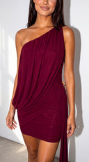 Ophira One Shoulder Draped Mesh Dress - Burgundy