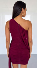 Ophira One Shoulder Draped Mesh Dress - Burgundy