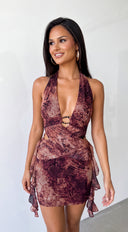 Zyreva Animal Print Halter Mini Dress - Burgundy Multi