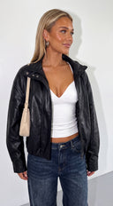 Kavira Faux Leather Bomber Jacket - Black