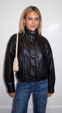 Kavira Faux Leather Bomber Jacket - Black