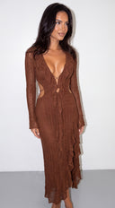 Zarevia Lace Cutout Ruffle Dress - Brown