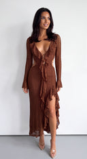 Zarevia Lace Cutout Ruffle Dress - Brown