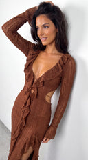 Zarevia Lace Cutout Ruffle Dress - Brown