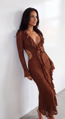 Zarevia Lace Cutout Ruffle Dress - Brown