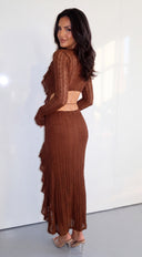 Zarevia Lace Cutout Ruffle Dress - Brown