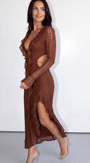 Zarevia Lace Cutout Ruffle Dress - Brown