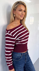 Sorelia Stripe Boat Neck Sweater - Burgundy
