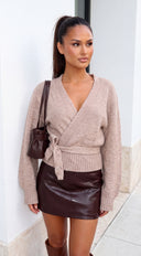 Norelle Wrap Tie Knit Sweater - Beige