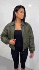 Calvera Faux Leather Collared Bomber Jacket - Olive