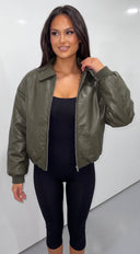 Calvera Faux Leather Collared Bomber Jacket - Olive