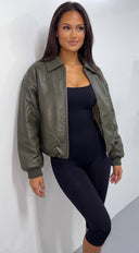 Calvera Faux Leather Collared Bomber Jacket - Olive