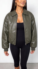 Calvera Faux Leather Collared Bomber Jacket - Olive