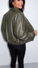 Calvera Faux Leather Collared Bomber Jacket - Olive