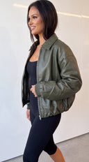 Calvera Faux Leather Collared Bomber Jacket - Olive