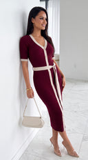 Zavéline Button Front Knit Midi Dress - Burgundy
