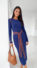 Solvienne Contrast Trim Belted Knit Midi Dress - Navy