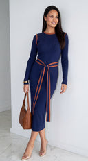 Solvienne Contrast Trim Belted Knit Midi Dress - Navy