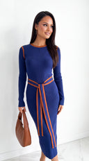 Solvienne Contrast Trim Belted Knit Midi Dress - Navy