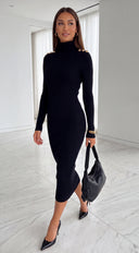 Tamsin Gold Button Turtleneck Midi Sweater Dress - Black