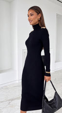 Tamsin Gold Button Turtleneck Midi Sweater Dress - Black
