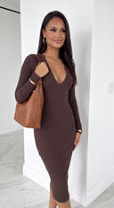 Zevra Snatched Ribbed V-Neck Midi Dress - Brown