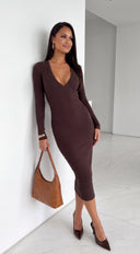 Zevra Snatched Ribbed V-Neck Midi Dress - Brown