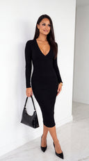 Zevra Snatched Ribbed V-Neck Midi Dress - Black