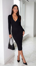 Zevra Snatched Ribbed V-Neck Midi Dress - Black