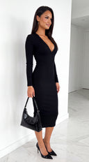 Zevra Snatched Ribbed V-Neck Midi Dress - Black