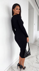 Zevra Snatched Ribbed V-Neck Midi Dress - Black