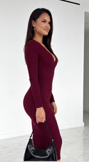 Zevra Snatched Ribbed V-Neck Midi Dress - Burgundy