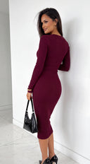 Zevra Snatched Ribbed V-Neck Midi Dress - Burgundy