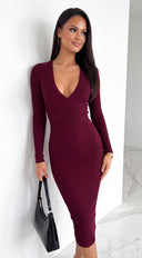 Zevra Snatched Ribbed V-Neck Midi Dress - Burgundy