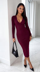 Zevra Snatched Ribbed V-Neck Midi Dress - Burgundy